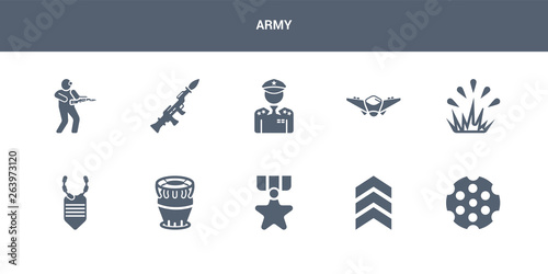 10 army vector icons such as chamber, chevrons, condecoration, depth charge, dog tag contains explosion, fighter plane, general, grenade launcher, infantry. army icons