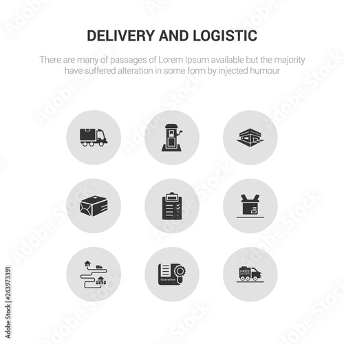 9 round vector icons such as free delivery, guarantee, moving, open box, order contains package, post office, postbox, shipping. free delivery, guarantee, icon3_, gray delivery and logistic icons