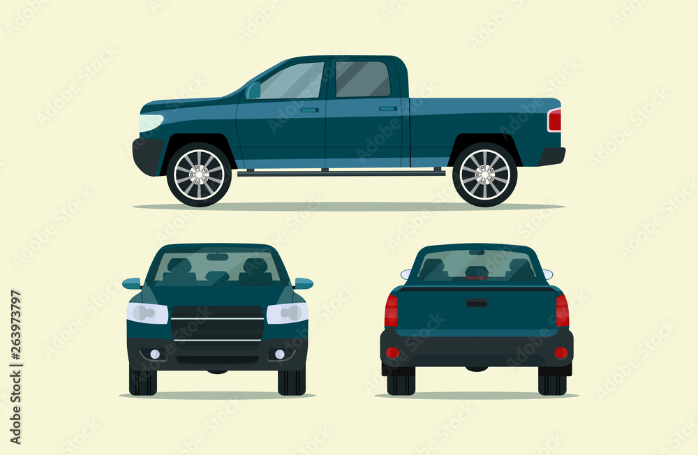 Pickup truck isolated. Pickup truck with side view, back view and front view. Vector flat style illustration - obrazy, fototapety, plakaty 