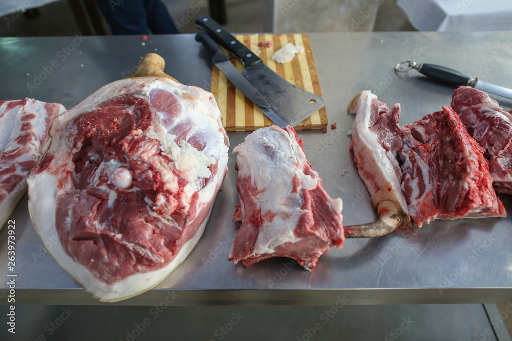details of raw pork meat on a butcher's
