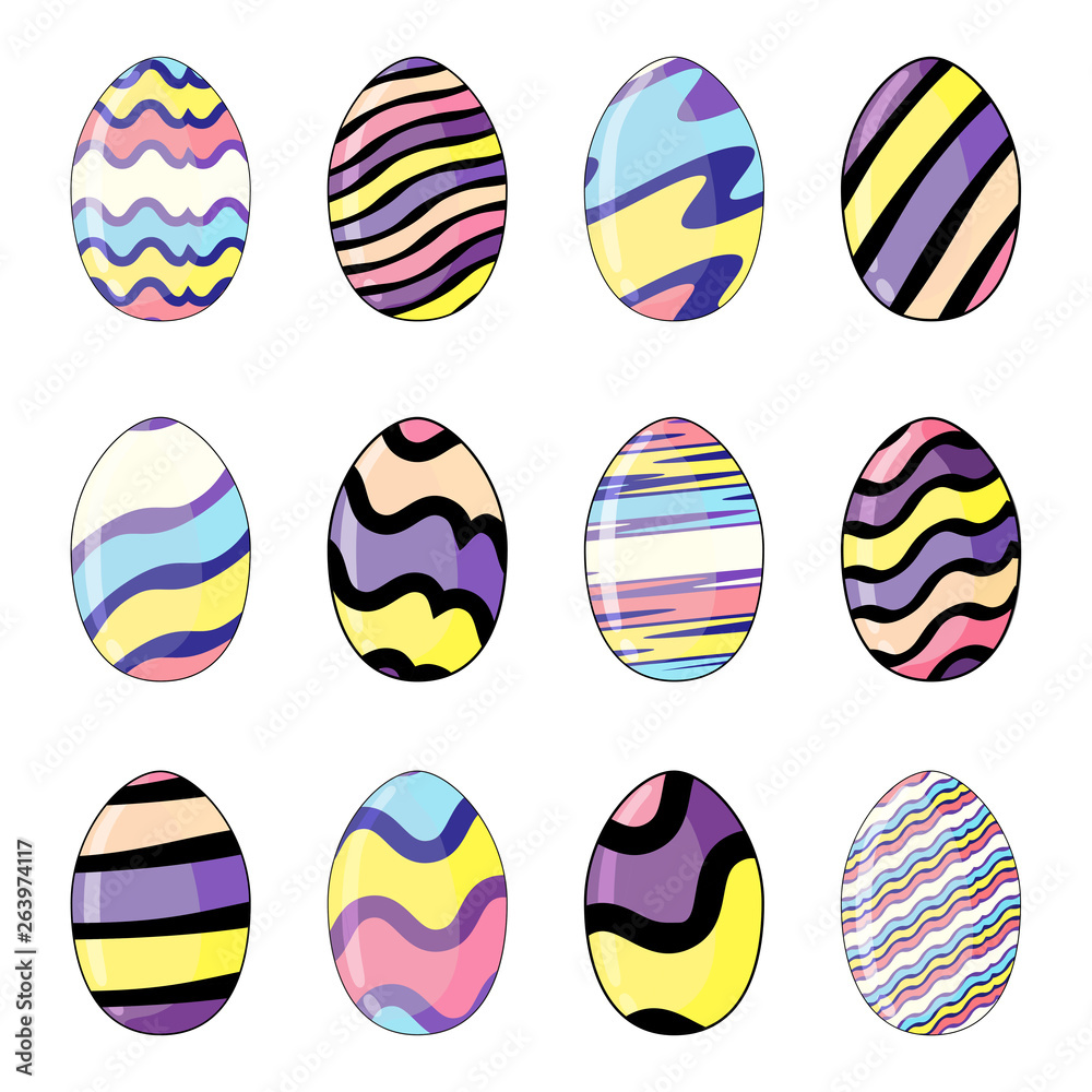 Vector illustration of set of cute easter eggs painted in rainbow colors isolated on white background.