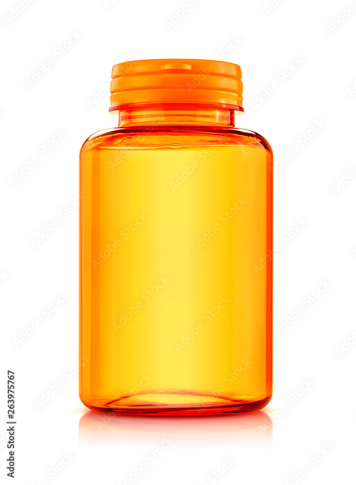 orange plastic bottle for supplement or vitamin product isolated on white background