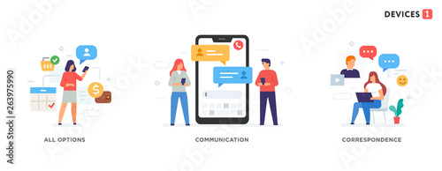 People use gadgets. set of icons, illustration. Smartphones tablets user interface social media.Flat illustration Icons infographics. Landing page site print poster.