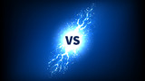 Versus symbol with lightning effect. Vector illustration with bright thunderstorms and shining lightnings. VS icon on dark blue background.