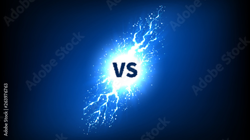 Versus symbol with lightning effect. Vector illustration with bright thunderstorms and shining lightnings. VS icon on dark blue background.