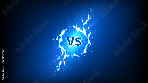 Versus icon with lightning effect. Vector illustration with bright thunderstorms and shining lightnings. VS symbol on dark blue background.