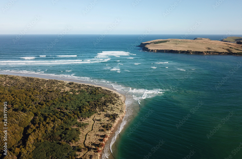 Surat Bay coast and estuary aerial view, Catlins, New Zealand