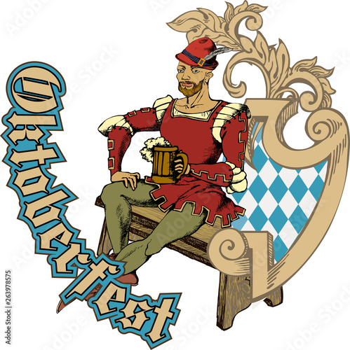 The guy in medieval clothes holding a beer mug. Advertisement template of Oktoberfest beer party. Engraved style. Vector illustration. 