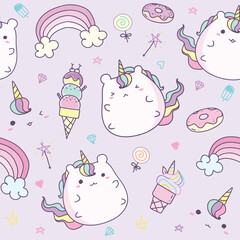 Fototapete Einhornmuster Kawaii Einhörner Pastellmuster Horizontal  © Moko22