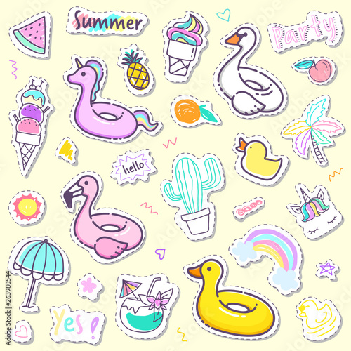 Cute summer sticker collection in pastel color. Pool swim ring cartoon sticker for kid. Cute summer clip art .