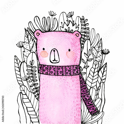 Cute bear cartoon watercolor hand painted for art book, postcard design and story book cover for children.