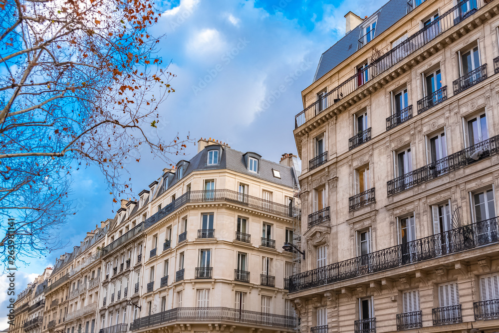 Paris, beautiful building in the center, typical parisian facade in the Marais, rue Reaumur 