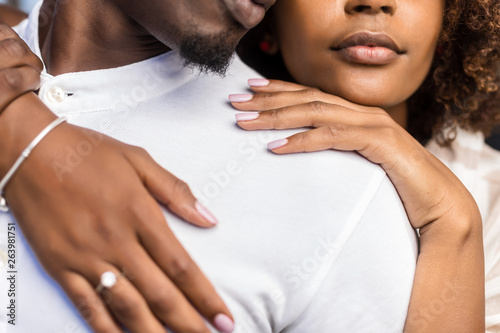 Close up outdoor protrait of black african american couple embracing each other photo