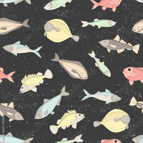 Vector colored seamless pattern of fish isolated on black textured background. Colorful repeating background with halibut, rock-fish, mackerel, herring, flatfish. Underwater vintage illustration