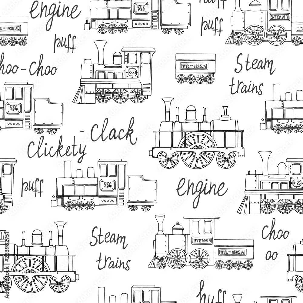Vector black and white seamless pattern of retro engines. Vector repeat background of vintage trains isolated on white background. Cartoon style endless illustration of old trains for children