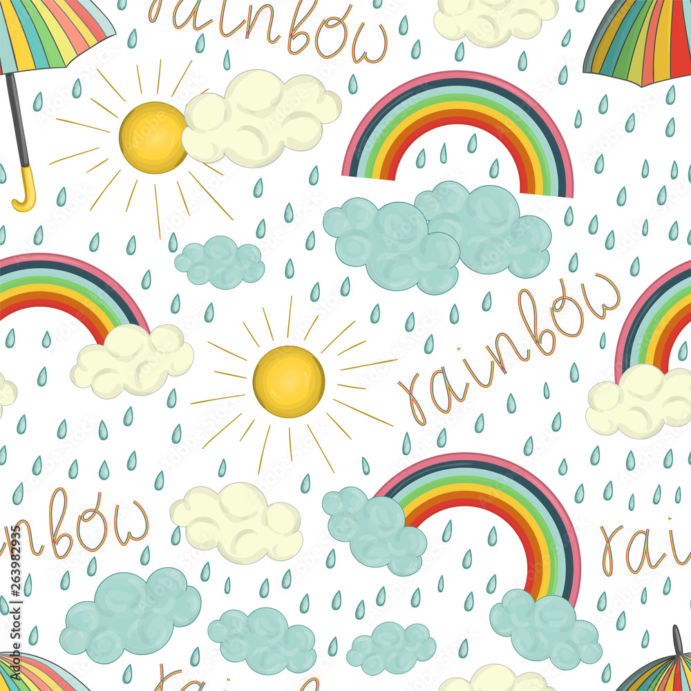Vector seamless pattern of colorful rainbow. Cute cartoon style repeat background with weather elements. Rainy endless backdrop for children