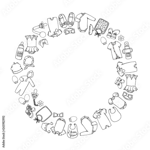 Vector black and white illustration of baby clothes and accessories framed in circle. Template for banner with isolated footie, hat, headband, mittens, pacifier, romper,.