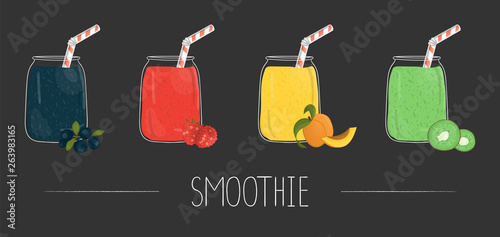 Vector set of colorful fruit and berry smoothies in glass jar with fruit and berries. Fresh organic vegetarian food isolated on black background