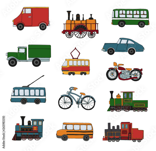 Vector colored set of retro engines and transport. Vector illustration of vintage trains, bus, tram, trolleybus, car, bicycle, bike, van, truck isolated on white background. 