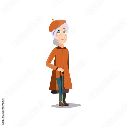 Cute retro fashion old woman in brown coat