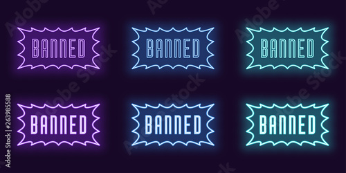 Neon icon set of stamp Banned. Glowing text