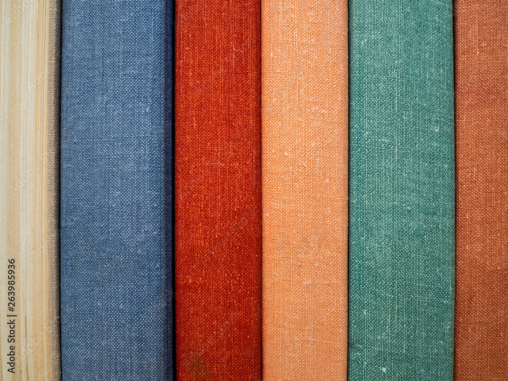 Fototapeta premium Multi-colored covers of old books. The books put in a row on the shelf. Home library