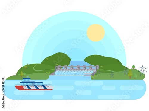 hydroelectric power plant on a river with a reservoir a flat