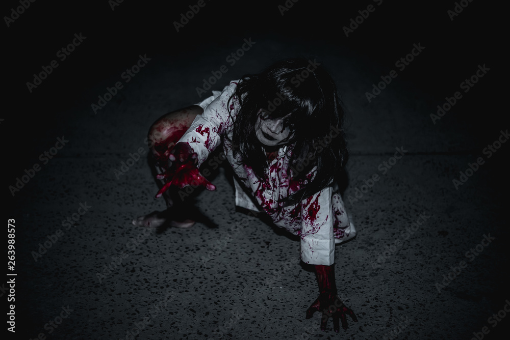 Obraz premium Portrait of asian woman make up ghost face,Horror scene,Scary background,Halloween poster