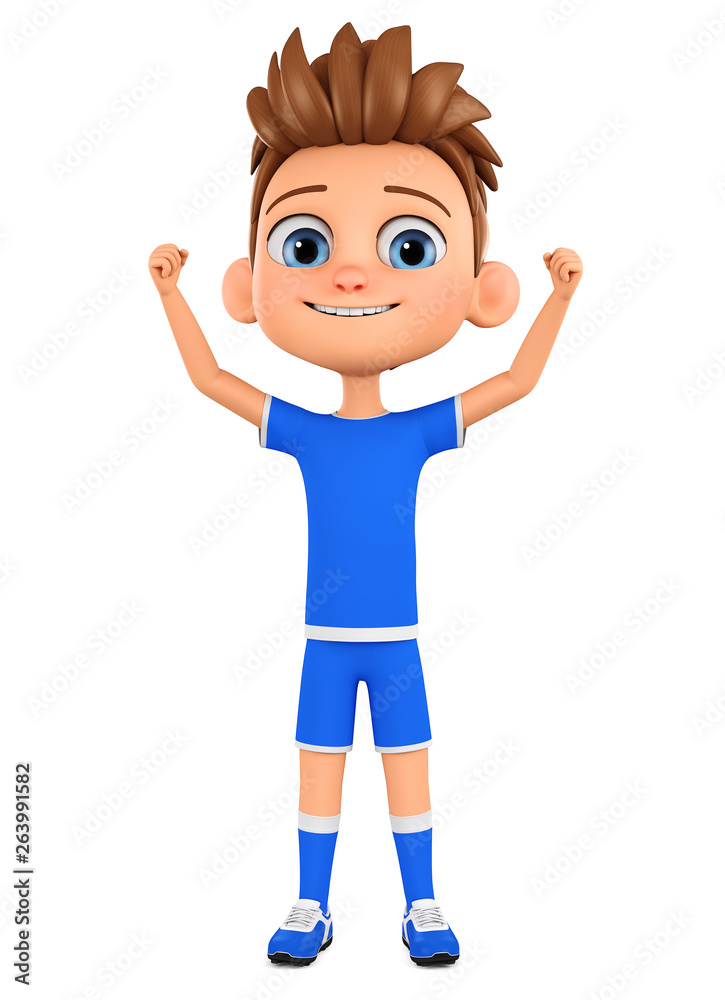 Cartoon character boy in sport uniform celebrates victory. 3d render illustration.