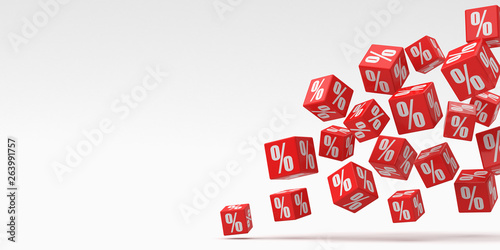 Red cubes percent falling on a white background. 3d rendering. Illustration for advertising.