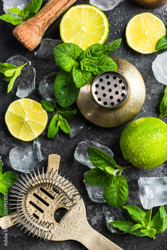 Ingredients and tools for making refreshing cocktails