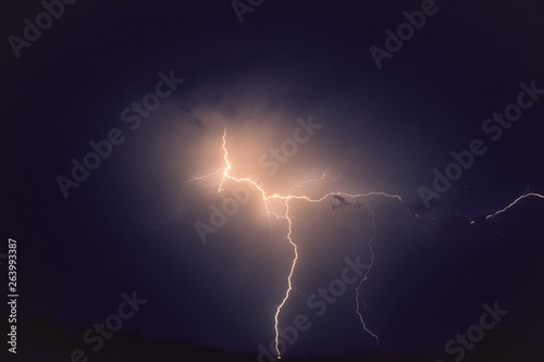 A high voltage lightning bolt strikes down to earth from the upper parts of a thunderstorm 