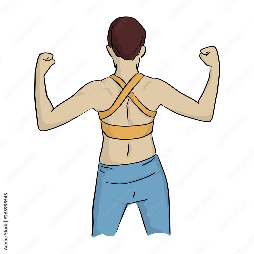healthy woman in yellow vest to flex his back muscles vector illustration sketch doodle hand drawn with black lines isolated on white background healthy woman in yellow vest to flex his back muscles vector illustration sketch doodle hand drawn with black lines isolated on white background
