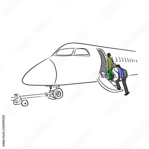 people walking on ladder of airplane vector illustration sketch doodle hand drawn with black lines isolated on white background
