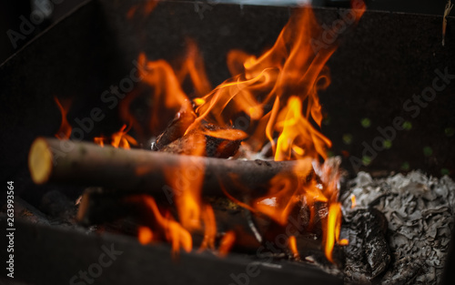 Red flame from a cut of a tree, dark gray coals inside a metal brazier. Firewood burning in a brazier on a bright yellow flame. Flames of fire preparing for cooking kebabs.
