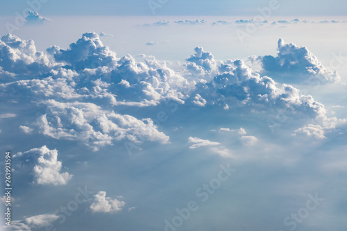 Aerial view of a cumulus cloud landscape over Transylvania, Romania. Beautiful soft clouds as seen from above.