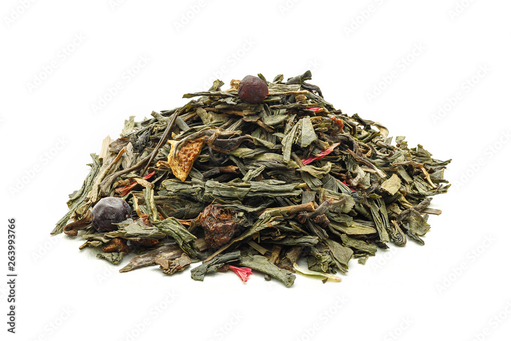 The heap of herbal tea mixed with flowers and berries isolated on white background. The heap of herbal tea mixed with flowers and berries isolated on white background.