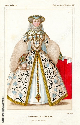 Queen France Eleanor of Austria color engraving 1860