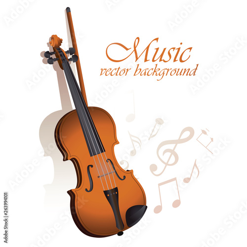 Violin and sheet music on a white background.