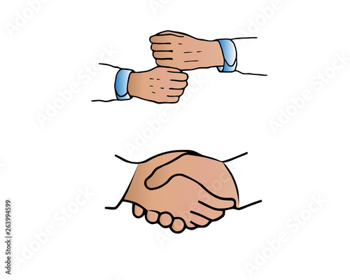 Two hands handshake contract agreement on a white background. Vector art