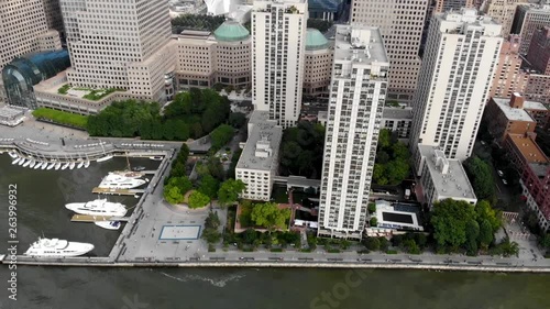 Aerial view of boats docked at the North Cove Marina (Hudson River) at Battery Park in Manhattan with Brookfield Place Complex and offices buildings on the background. New York, USA.
