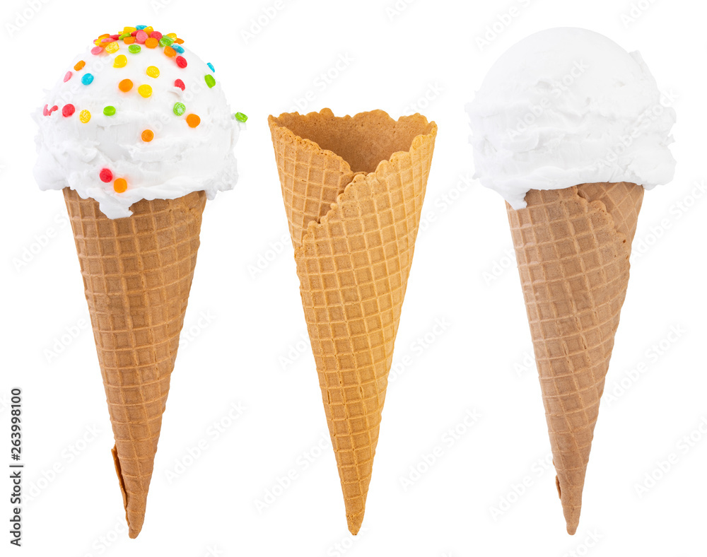 Different sorts of Ice Cream in a waffles cones isolated on white background, with clipping path Different sorts of Ice Cream in a waffles cones isolated on white background, with clipping path