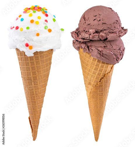 Different sorts of Ice Cream in a waffles cones isolated on white background, with clipping path