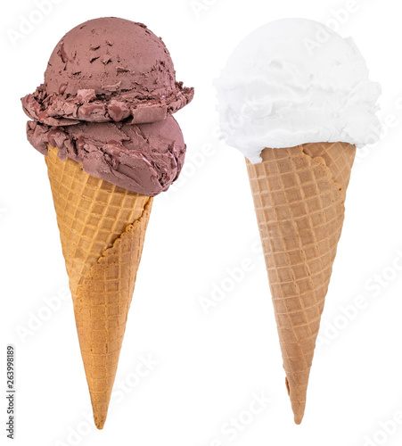 Different sorts of Ice Cream in a waffles cones isolated on white background, with clipping path