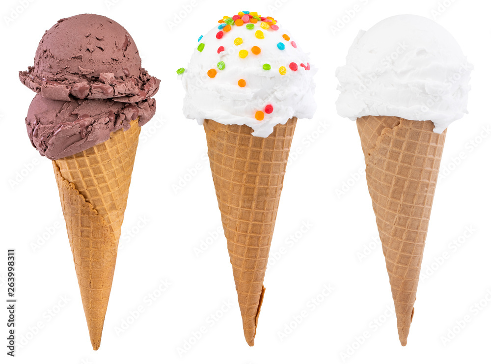 Different sorts of Ice Cream in a waffles cones isolated on white background, with clipping path Different sorts of Ice Cream in a waffles cones isolated on white background, with clipping path