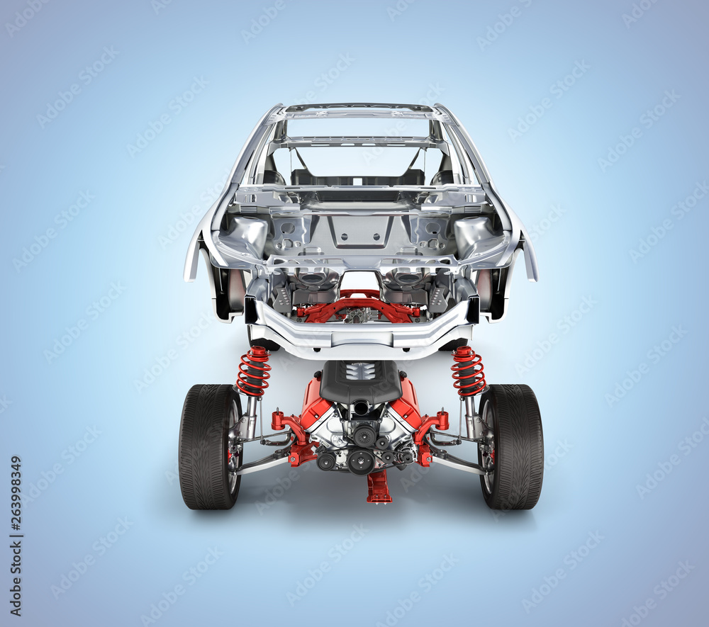 Fototapeta Body and suspension of the car with wheel and engine Undercarriage with bodycar in detail front view isolated on blue gradient background 3d