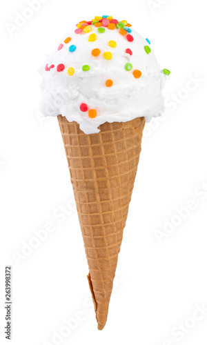 vanilla ice cream in the cone on white background with clipping path