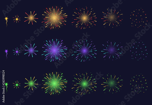 Realistic Detailed 3d Light Fireworks Animation Set. Vector