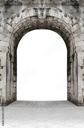 Antique stone arch isolated on white.