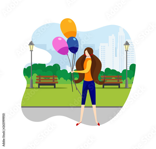 Girl Walking in Weekend at City Park with Balloons
